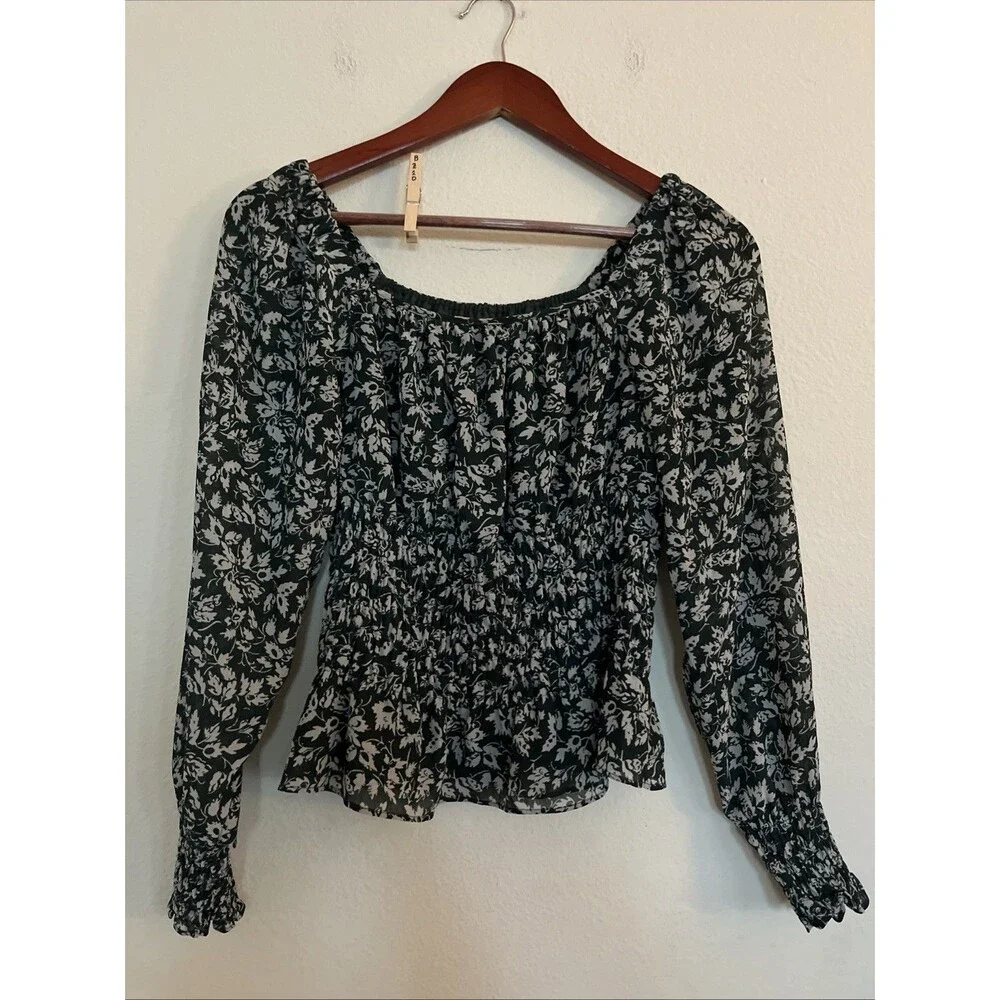 Madewell Floral Smocked Banded Long Sleeve Milk Maid Off Shoulder TOP SZ S